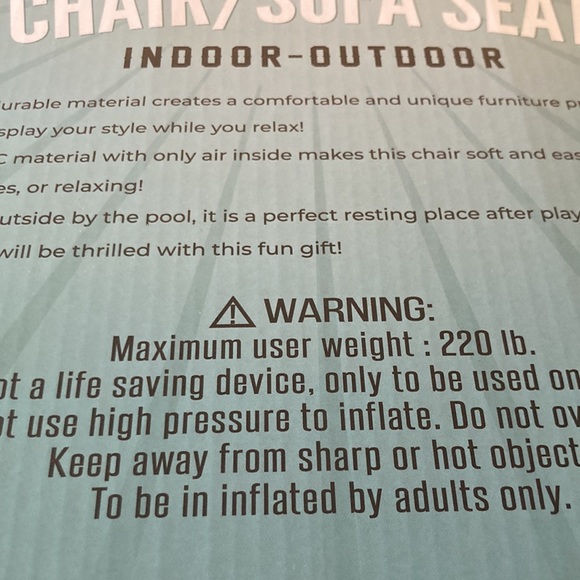 INEW NFLATABLE CHAIR/SOFA SEAT FOR INDOOR OR OUTDOOR FUN! NIB - Picture 4 of 11
